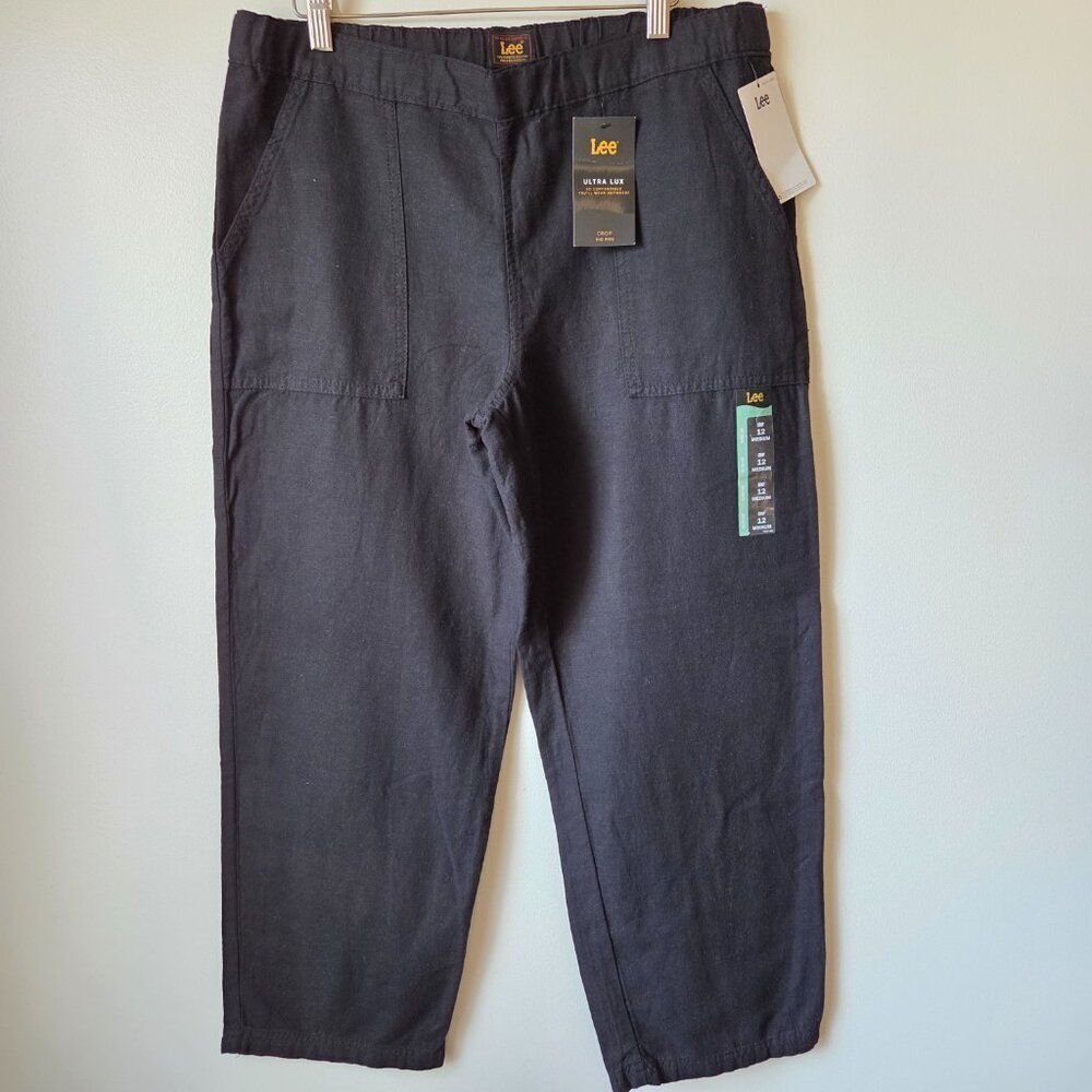 NWT LEE BLACK COTTON / LINEN BLEND CROP ULTRA LUX MID RISE PANTS SIZE 12 MED